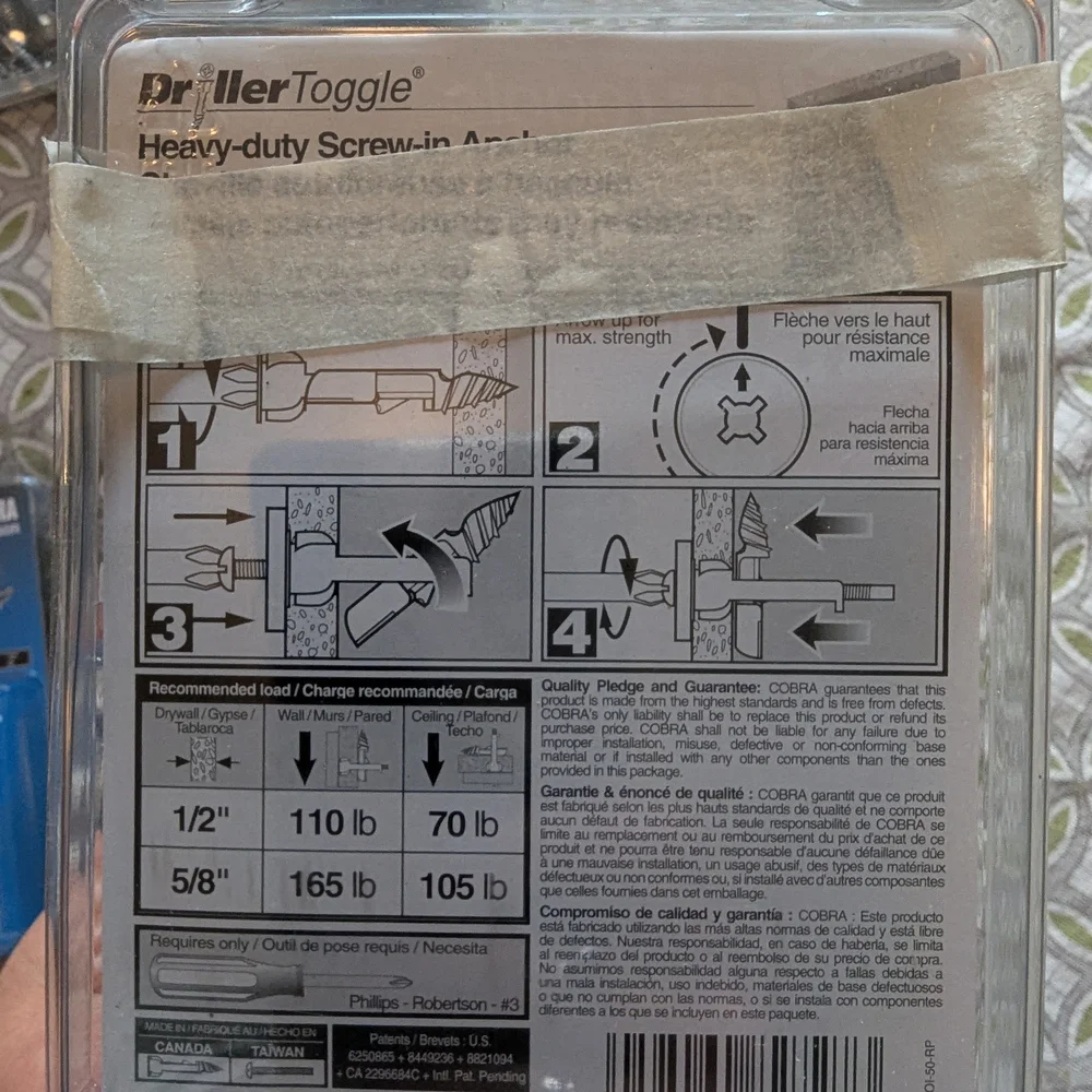 Three Packages Of Cobra DrillerToggle Anchors with Screws